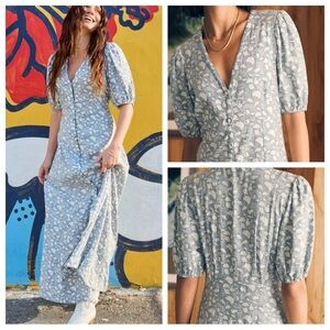 FAHERTY HAVANA DRESS IN INDIGO ECHO FLORAL SHIRT DRESS PUFF SLEEVES BOHO SZ M
